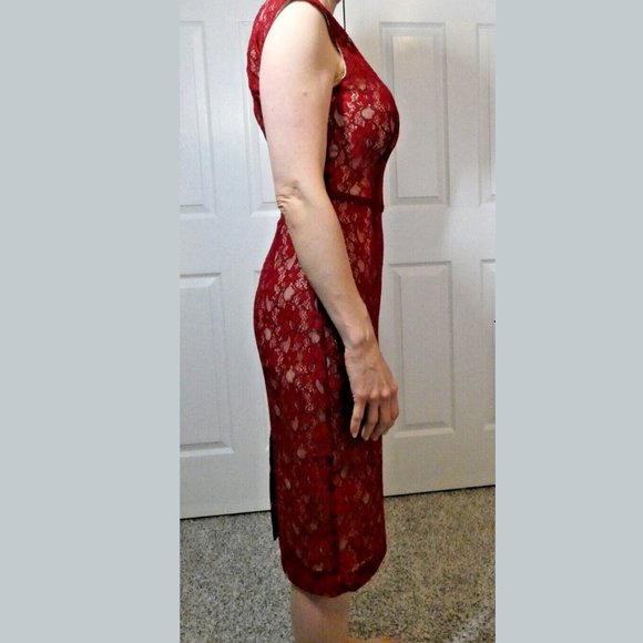 Red Dress Modest Lace Sheath Bodycon Cocktail Party French Connection Size 4 - Picture 4 of 10
